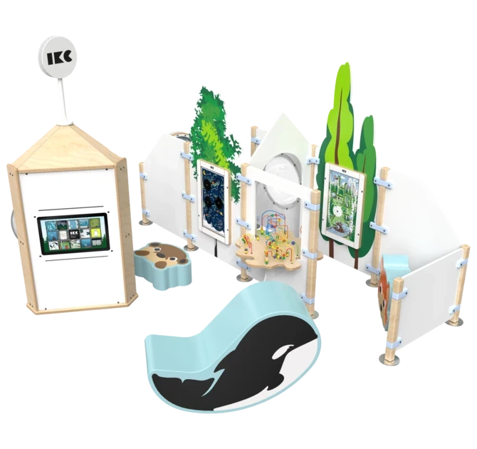 Complete speelhoek voor kinderen met interactieve speelsystemen en een kralen tafel